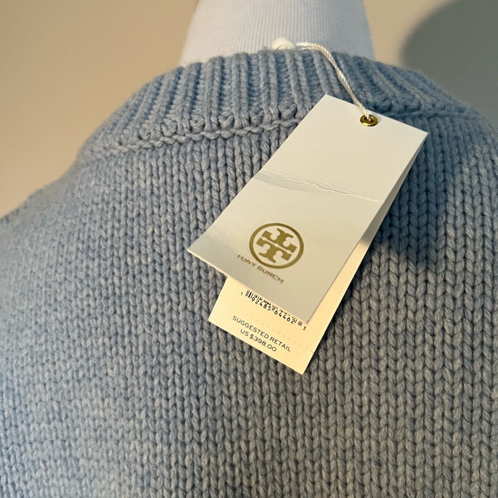 NWT Tory Burch Oversized Crew Neck Wool Sweater Dove Blue Size Small - Picture 8 of 13